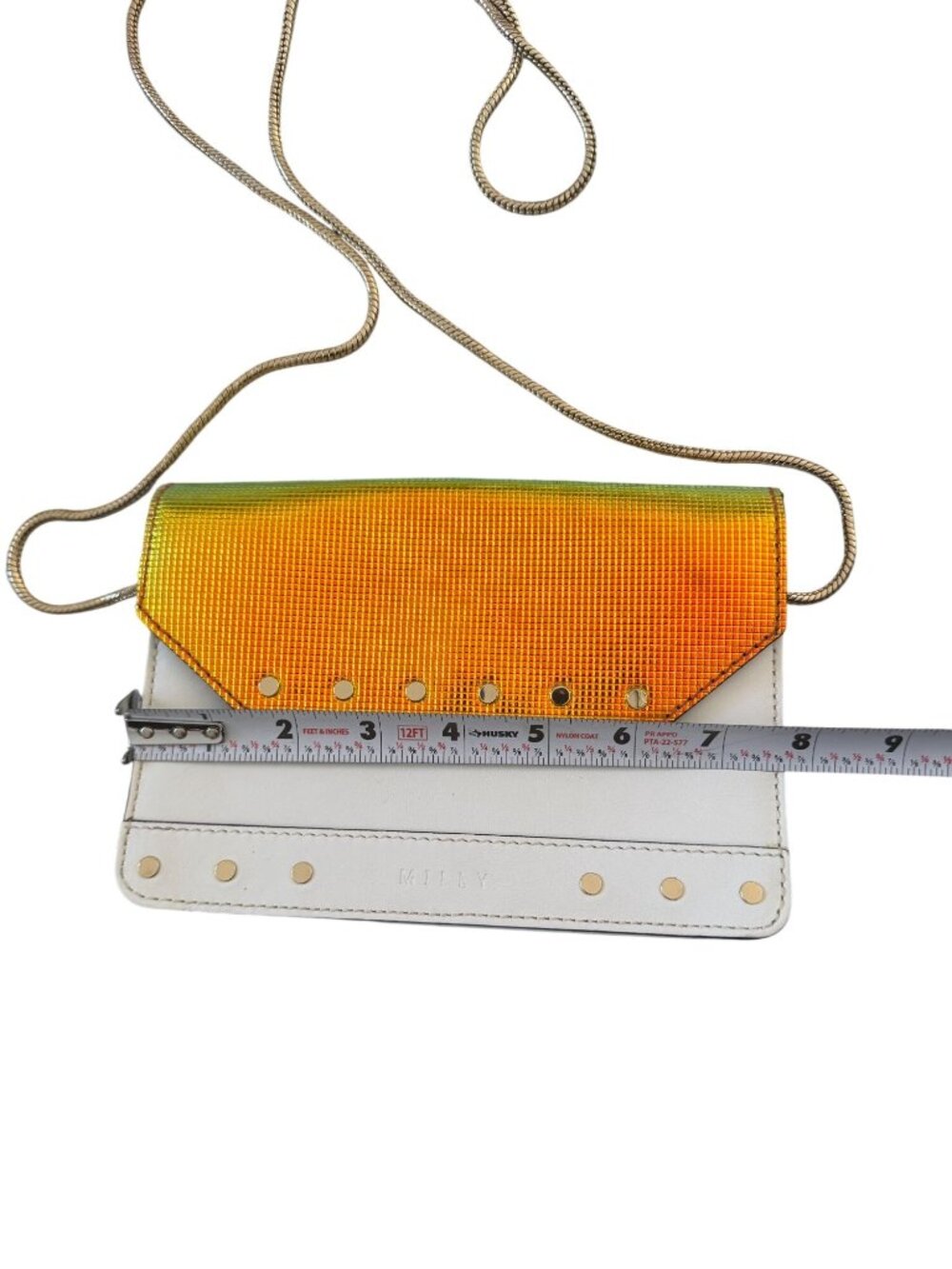 MILLY Hologram White Leather Studded Chain Crossbody Bag - Picture 6 of 11